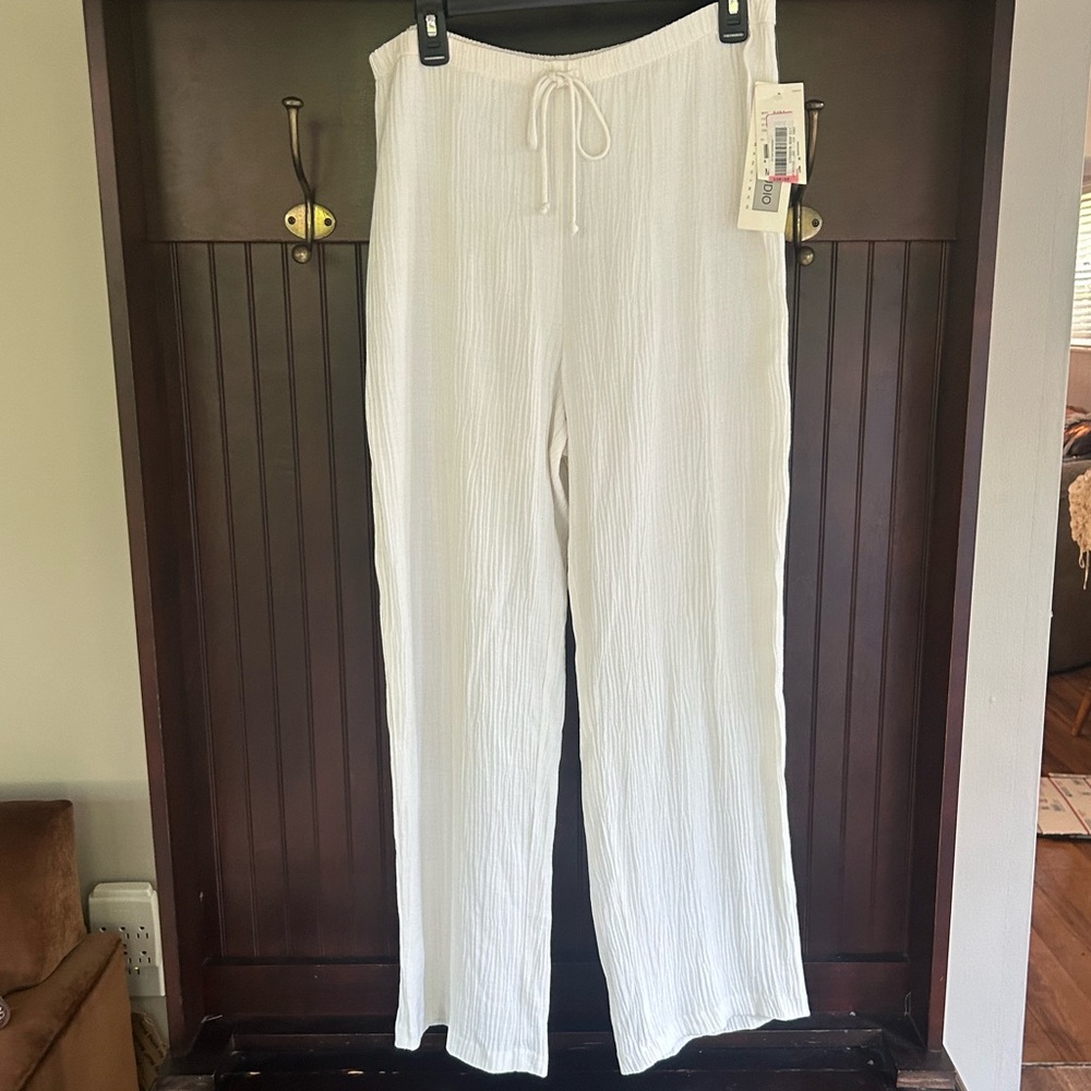 NWT VTG 90s Deadstock Ivory Crinkle Breezy Wide Leg Pull On Pants Resort Beach M - Picture 4 of 13